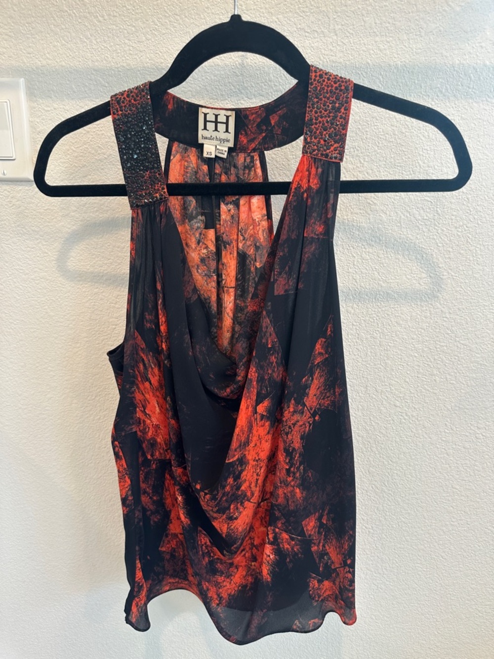 Haute Hippie Black and Red Cowl Neck Sleeveless Top with gemstone straps